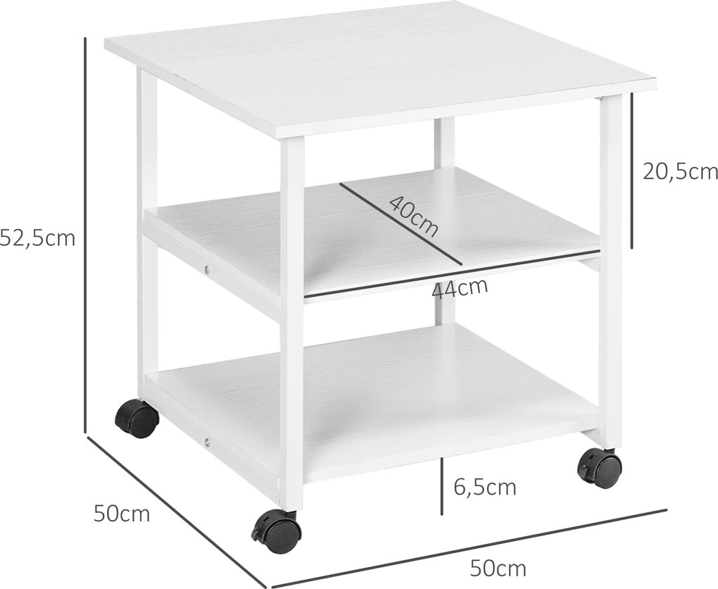 Suporte para impressora com 3 prateleiras, móvel com rodas, 50 L x 50 L x 52,5 A cm branco