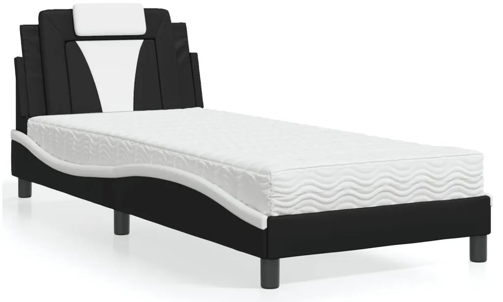 vidaXL Cama com colchão 90x190 cm couro artificial preto e branco