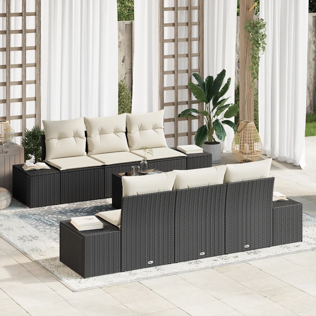 Conjunto de Sofá de Jardim com 7 Peças e Almofadas Preto de Rattan