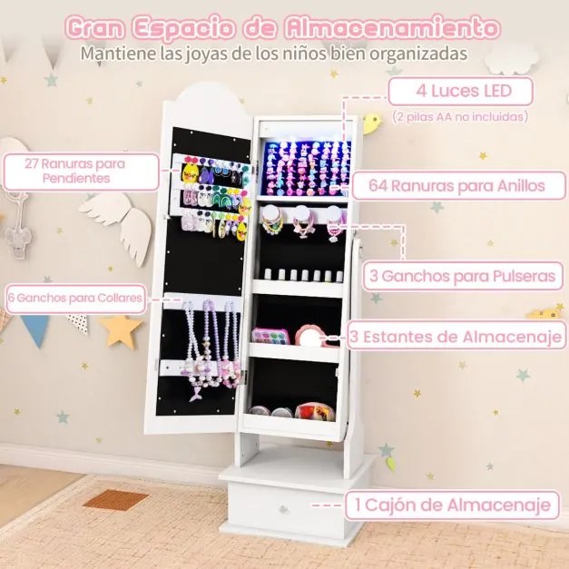 Armário infantil para joias com espelho de corpo inteiro 34 x 30 x 113 cm e 2 ângulos ajustáveis, 4 luzes internas para meninas branco
