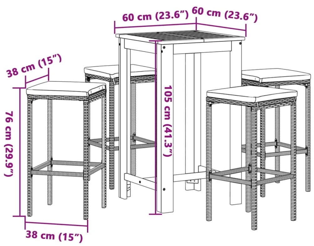 5 pcs conjunto de bar p/ jardim acácia maciça/vime PE cinzento