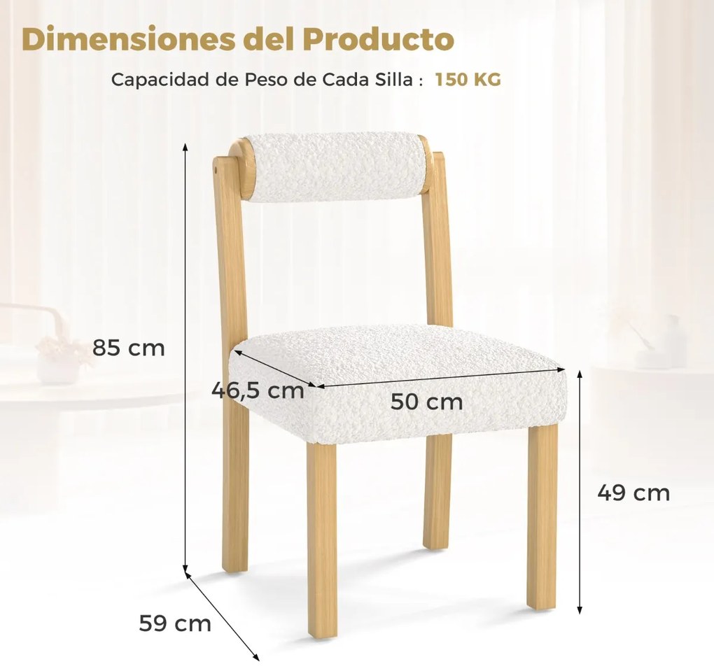 Conjunto de 2 cadeiras de jantar estofadas em sherpa sintética com estrutura em madeira de borracha Natural+Branco