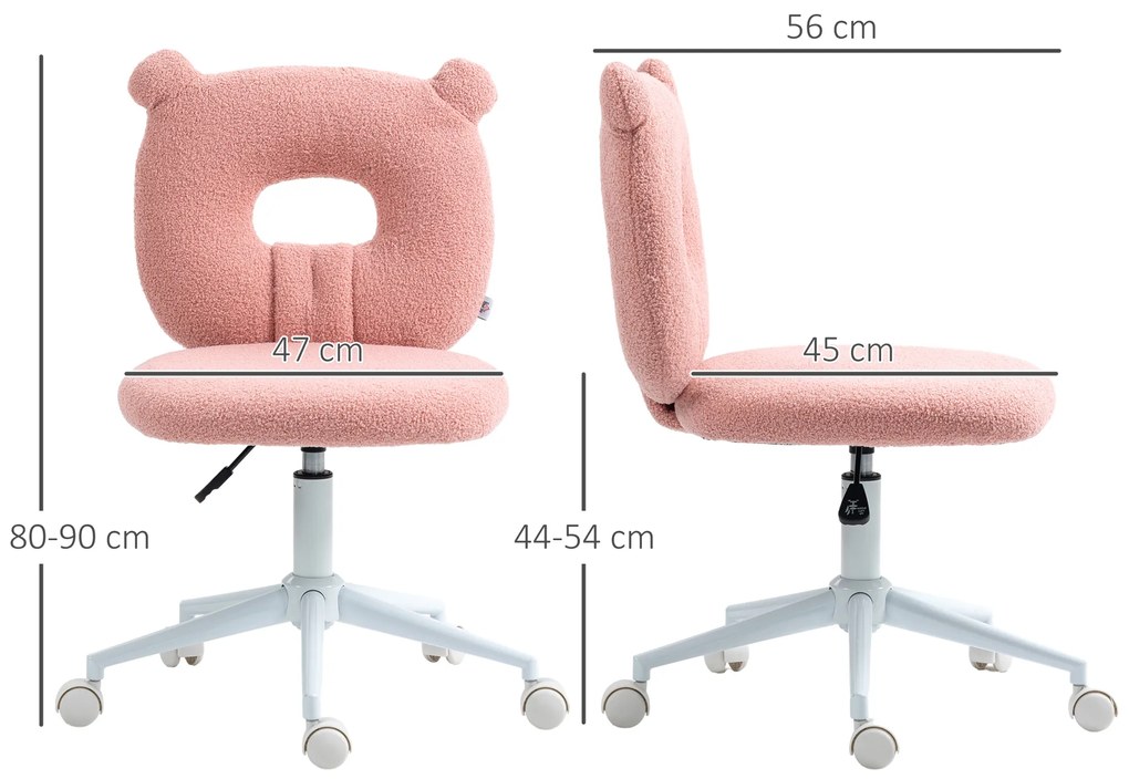 Cadeira de Secretária de Carneirinho Cadeira Infantil Giratória com Encosto em Forma de Urso 50x56x80-90 cm Rosa