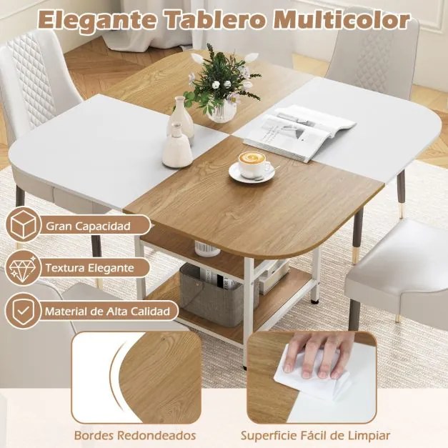 Mesa de jantar moderna quadrada 120 x 120 x 77 cm com tampo multicolorido e prateleira de 2 níveis, pernas ajustáveis em café e branco