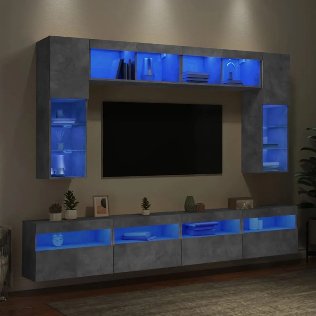 8 pcs conj. móveis de parede p/ TV luzes LED cinzento cimento