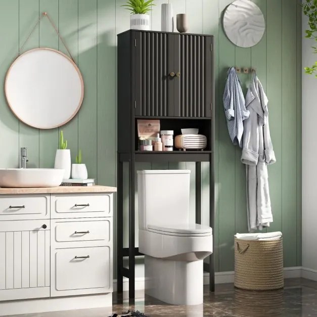 Armário casa banho sobre sanita 60 x 23 x 168 cm com portas caneladas, prateleira ajustável e economizador de espaço Preto