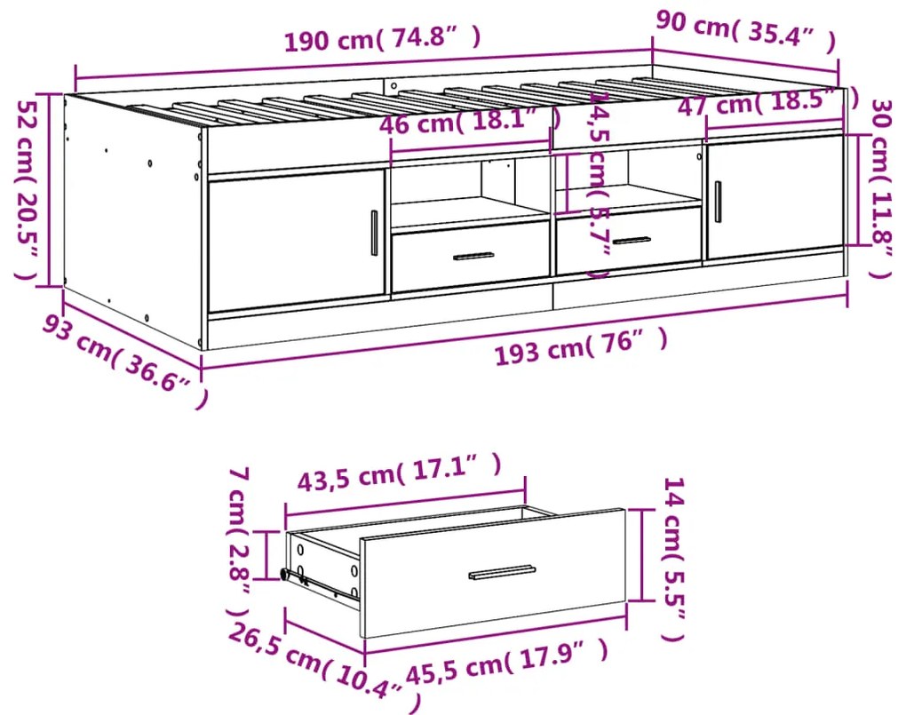 Sofá-cama com gavetas sem colchão 90x190 cm carvalho fumado