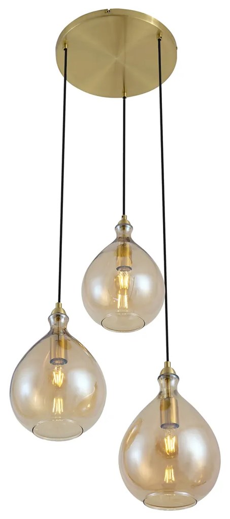 Candeeiro suspenso moderno dourado com vidro âmbar 3-luzes - Traditional Moderno