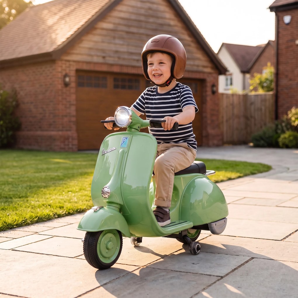 Mota Elétrica Infantil 6V Vespa com Licença Oficial, Arranque Suave, Rodinhas Desmontáveis, Luz Dianteira, Música, Buzina e USB, Verde