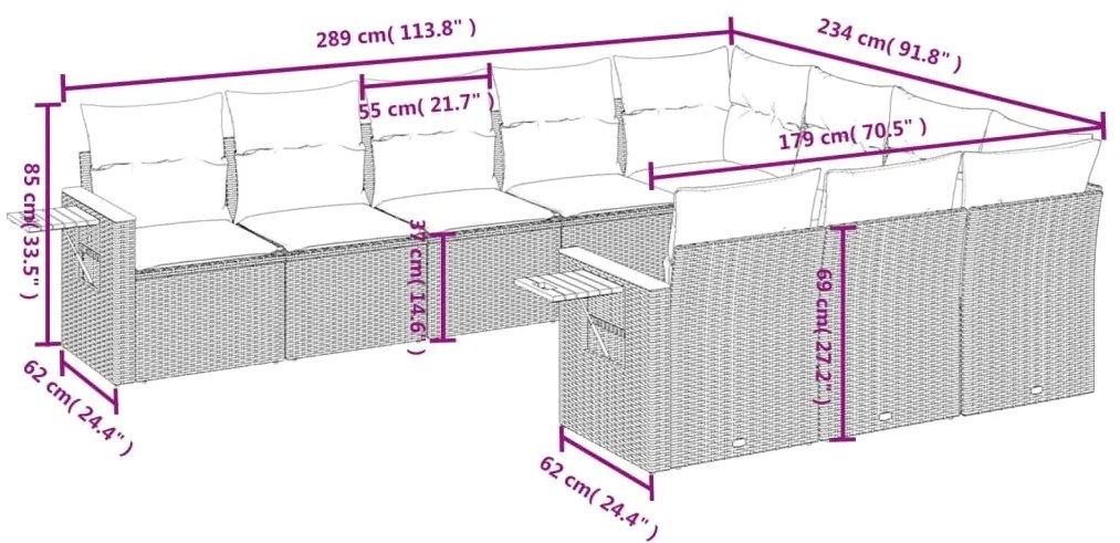 10 pcs conjunto sofás de jardim c/ almofadões vime PE preto