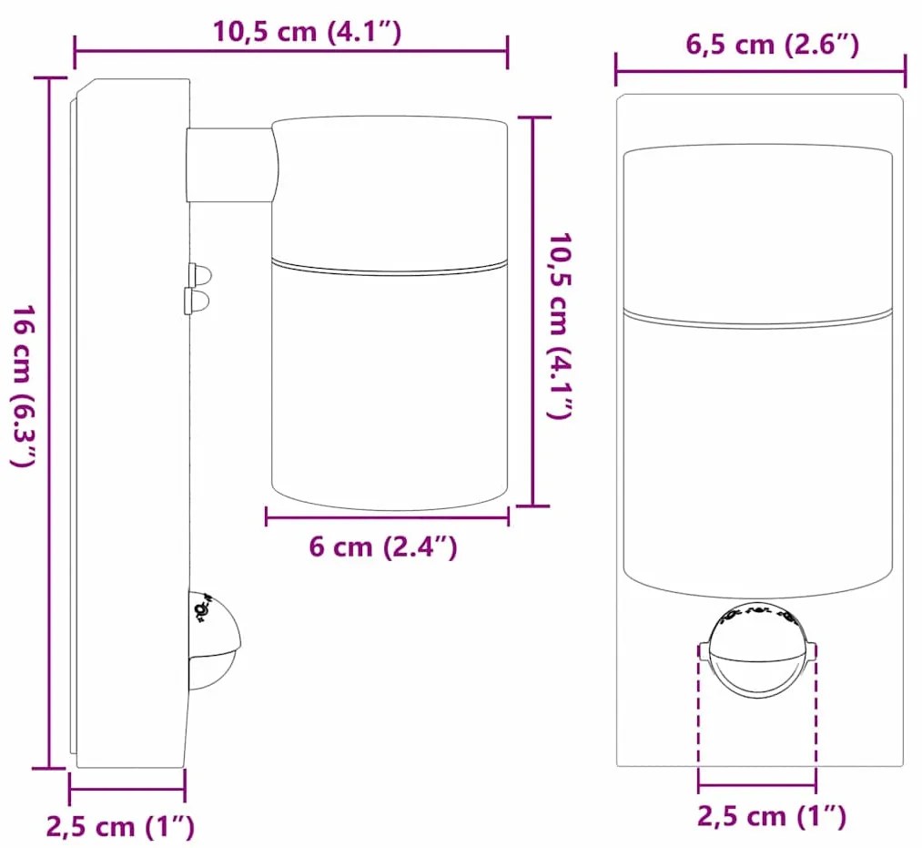 Luz de Parede Externa com Sensor Preta de Aço Inoxidável IP44