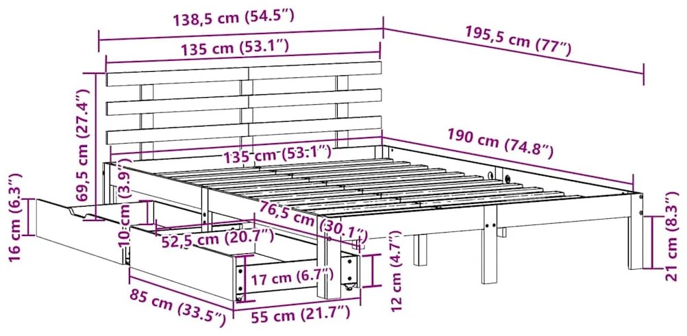 Estrutura de cama com gavetas 135x190 cm pinho maciço branco