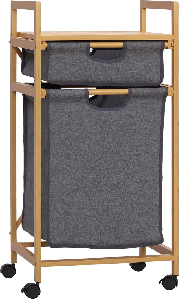 HOMCOM Cesto Roupa Bambu 2 Bolsas Tecido Amovíveis Prateleira Aberta 4 Rodas 42x35x84,5cm Cinza Madeira | Aosom Portugal