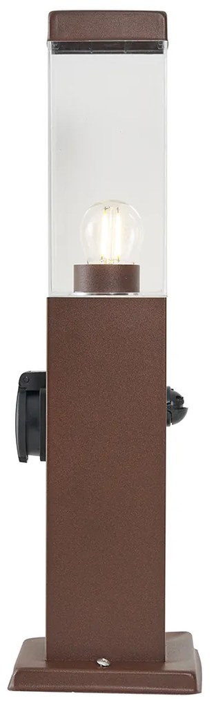 Candeeiro de Exterior Castanho Ferrugem com Vidro Transparente 45cm IP44 com Tomada e Sensor de Movimento - Malios Moderno