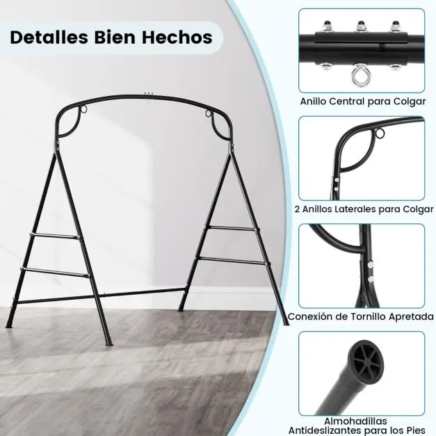 Suporte metálico de baloiço ou rede jardim Carga 300 kg com 4 barras de suporte 2 métodos de suspensão Preto
