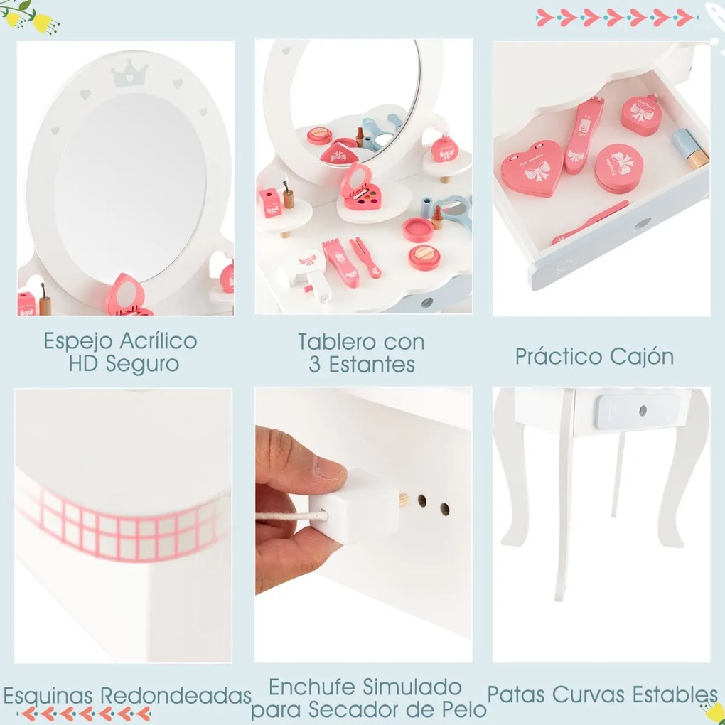 Conjunto de Toucador Infantil de Madeira 2 em 1 com Banco e Espelho Destacável com Gaveta Mesa de Maquilhagem para Raparigas com Cadeira Branco