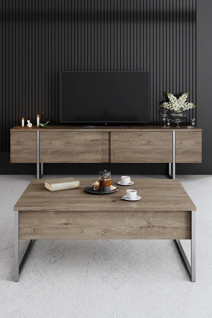 Mesa de Centro Luxe – Nogueira e Prata – 90x60x40 cm