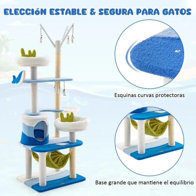 Arranhador para gatos com tema do oceano Torre para gatos de 165 cm com vários níveis e plataforma de arranhar para gatos em sisal Plataforma de arran