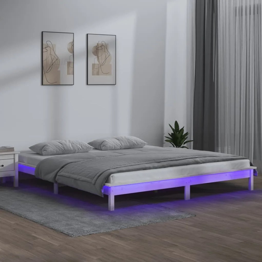 vidaXL Estrutura de cama com luzes LEDs 140x200 madeira maciça branco
