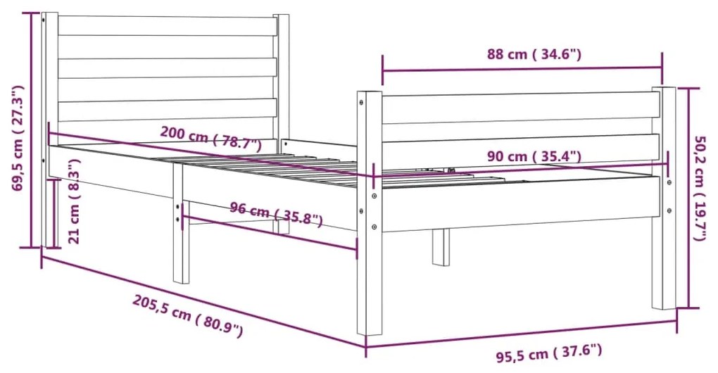 Estrutura de cama 90x200 cm madeira maciça