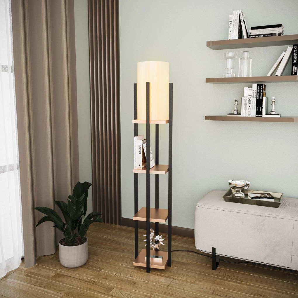 Candeeiro de Pé Shelf Lamp – Preto e Cobre – 25x25x130 cm