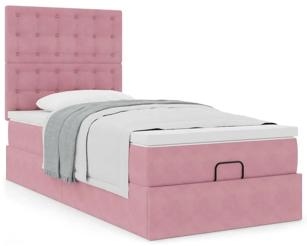 Estrutura de cama otomana com colchões rosa 90x200cm veludo