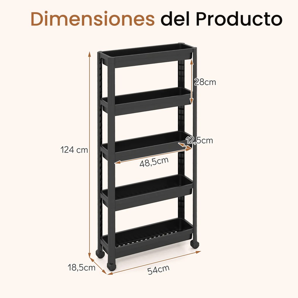 Carrinho de 5 prateleiras, estreito, com rodas suaves 54 x 18,5 x 124 cm em PP Organizador multifuncional para casa de banho, cozinha e lavandaria Pre