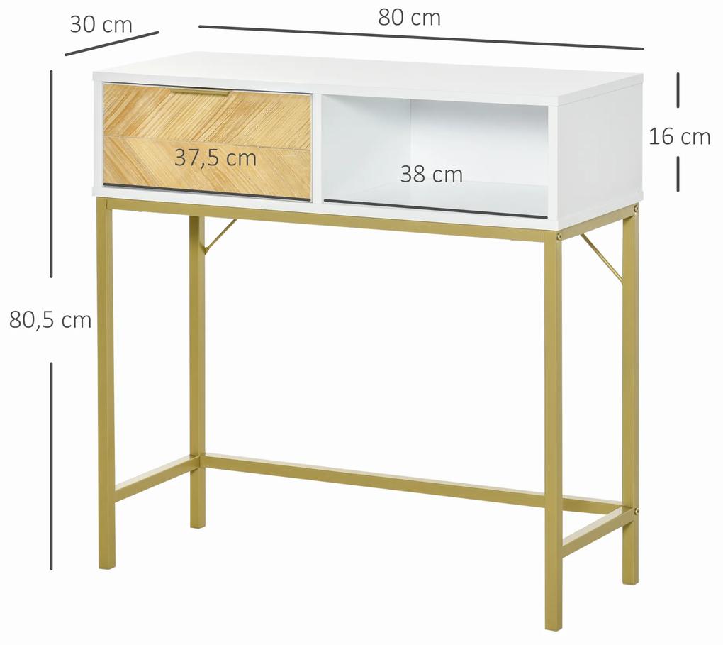 Mesa consola com gaveta e prateleira aberta Estilo moderno Móveis de Corredor Sala de estar 80x30x80,5 cm Ouro branco