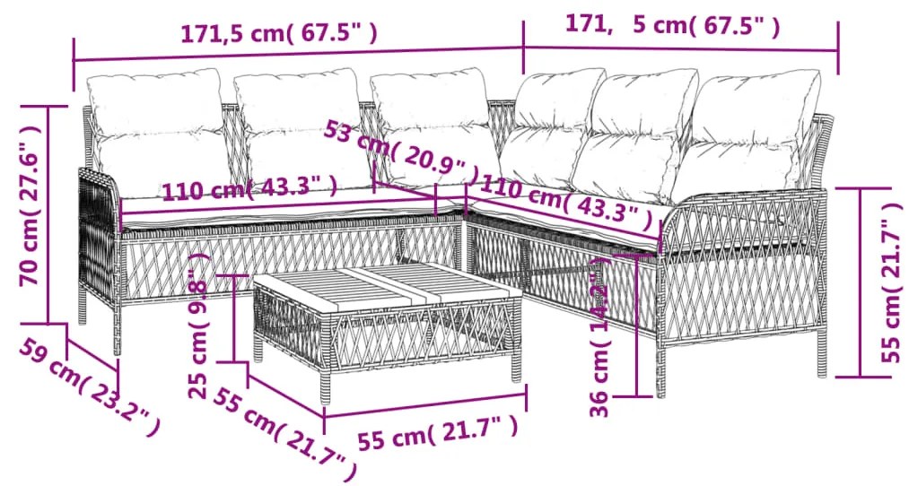 2 pcs conjunto sofás de jardim com almofadões vime PE preto
