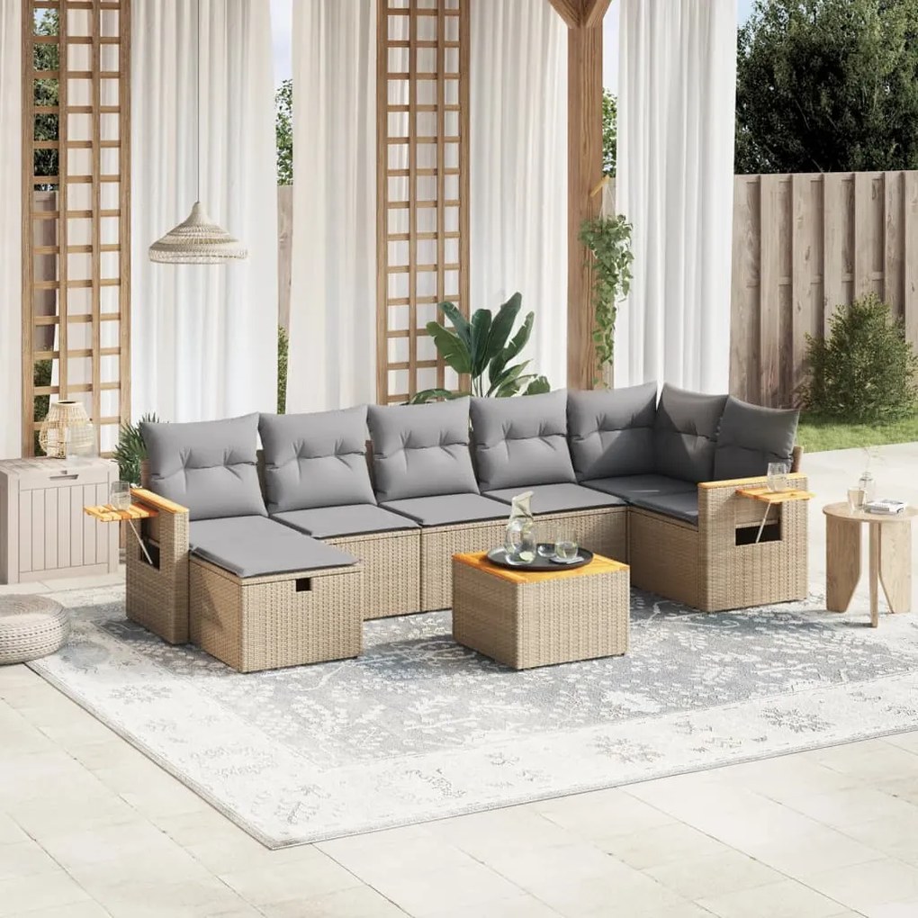 8 pcs conj. sofás jardim c/ almofadões vime PE bege misturado