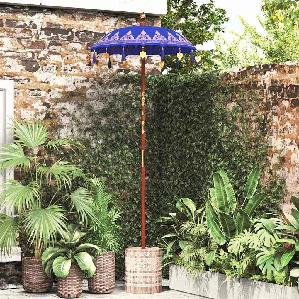 Parasol com Base Azul, Marrom 250 cm Algodão, Madeira