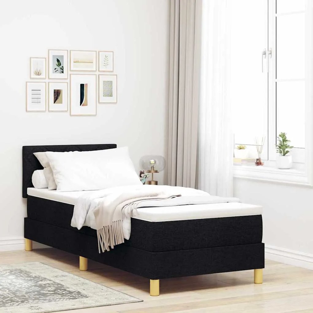 Cama Box Spring com Colchão &amp; LED Preta 80x200 cm Tecido