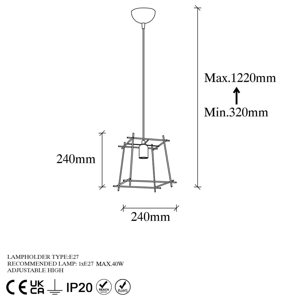 Candeeiro de Teto Coman – Ouro Brilhante – 24 x 24 x 122 cm