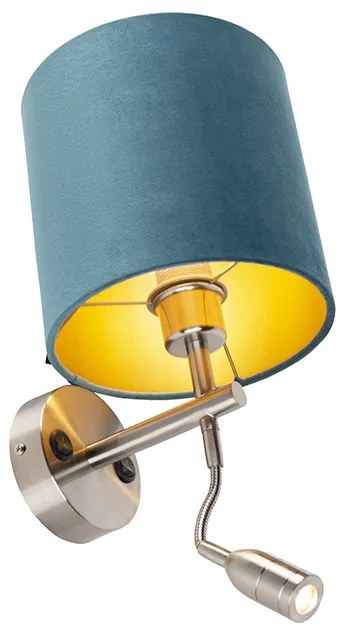 LED Candeeiro de parede em aço com luz de leitura e abajur em veludo 20/20/20 azul Moderno