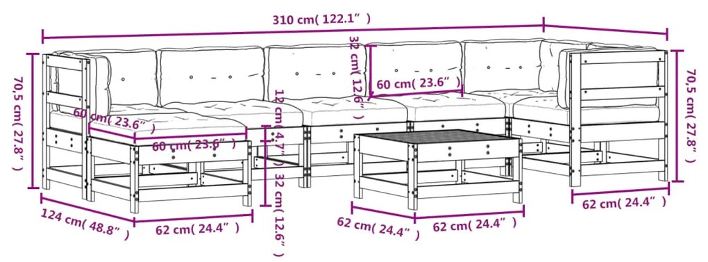8 pcs conjunto lounge de jardim c/ almofadões pinho impregnado