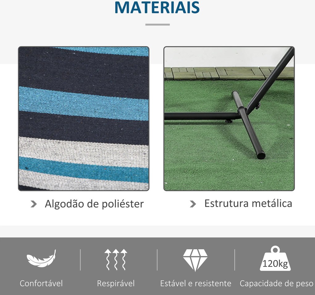 Cama Rede descanso jardim com Suporte 310x117 cm com Bolsa de Transporte Altura Ajustável Capacidade 120 kg para Campismo Azul e Branco