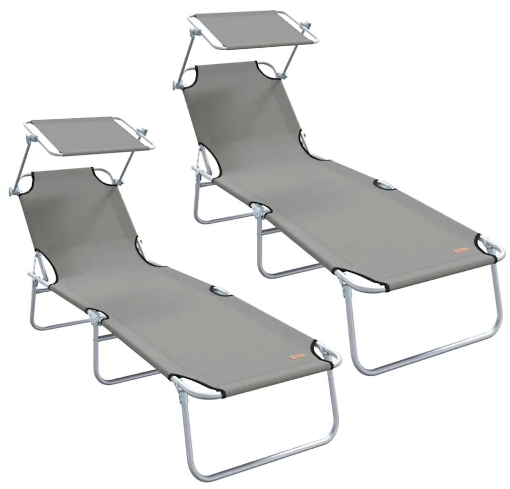 Espreguiçadeiras dobráveis 2 pcs com toldo em tecido Oxford cinza 600D