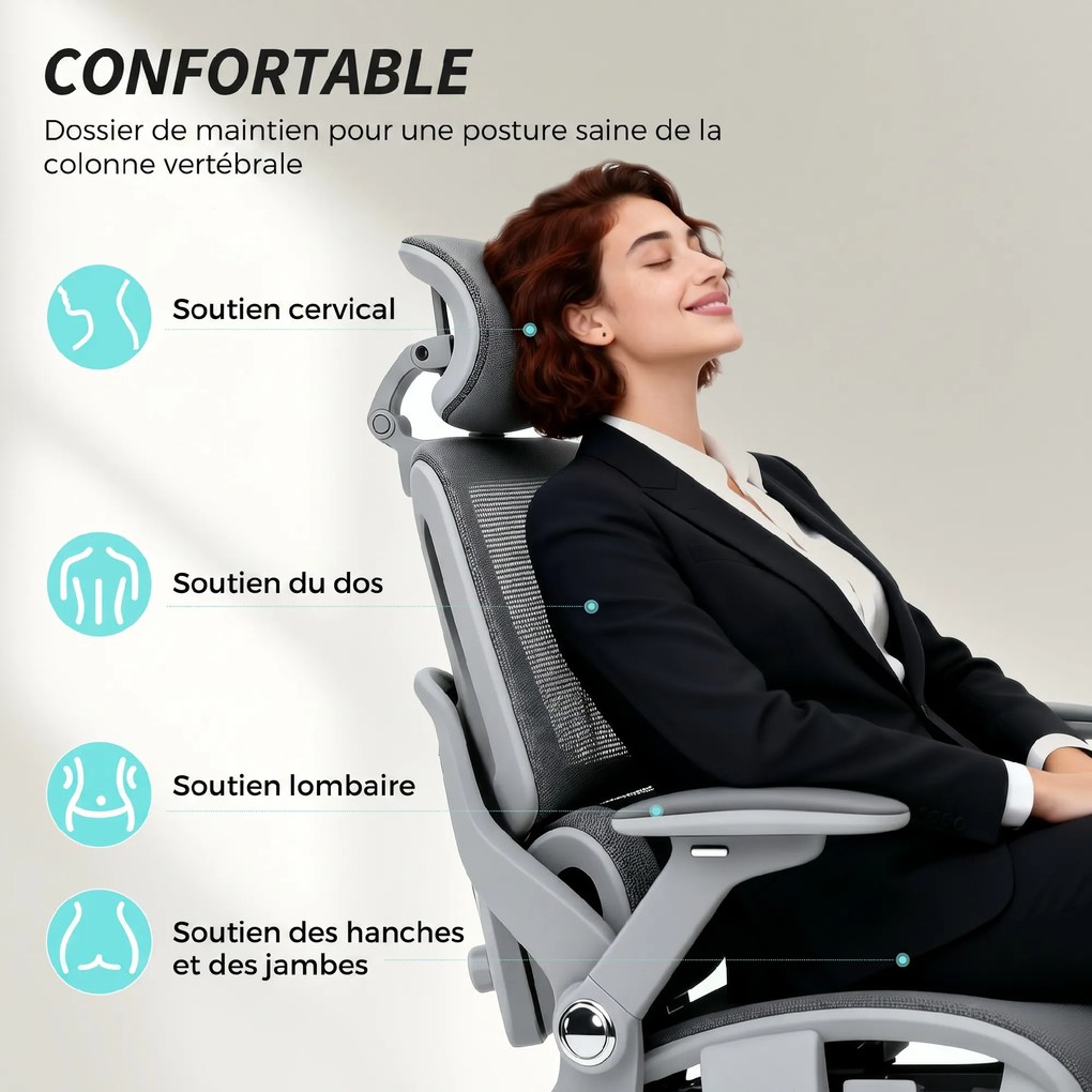 Cadeira de escritório ergonómica com braços 4D, apoio para a cabeça e profundidade do assento ajustáveis, em malha cinzenta