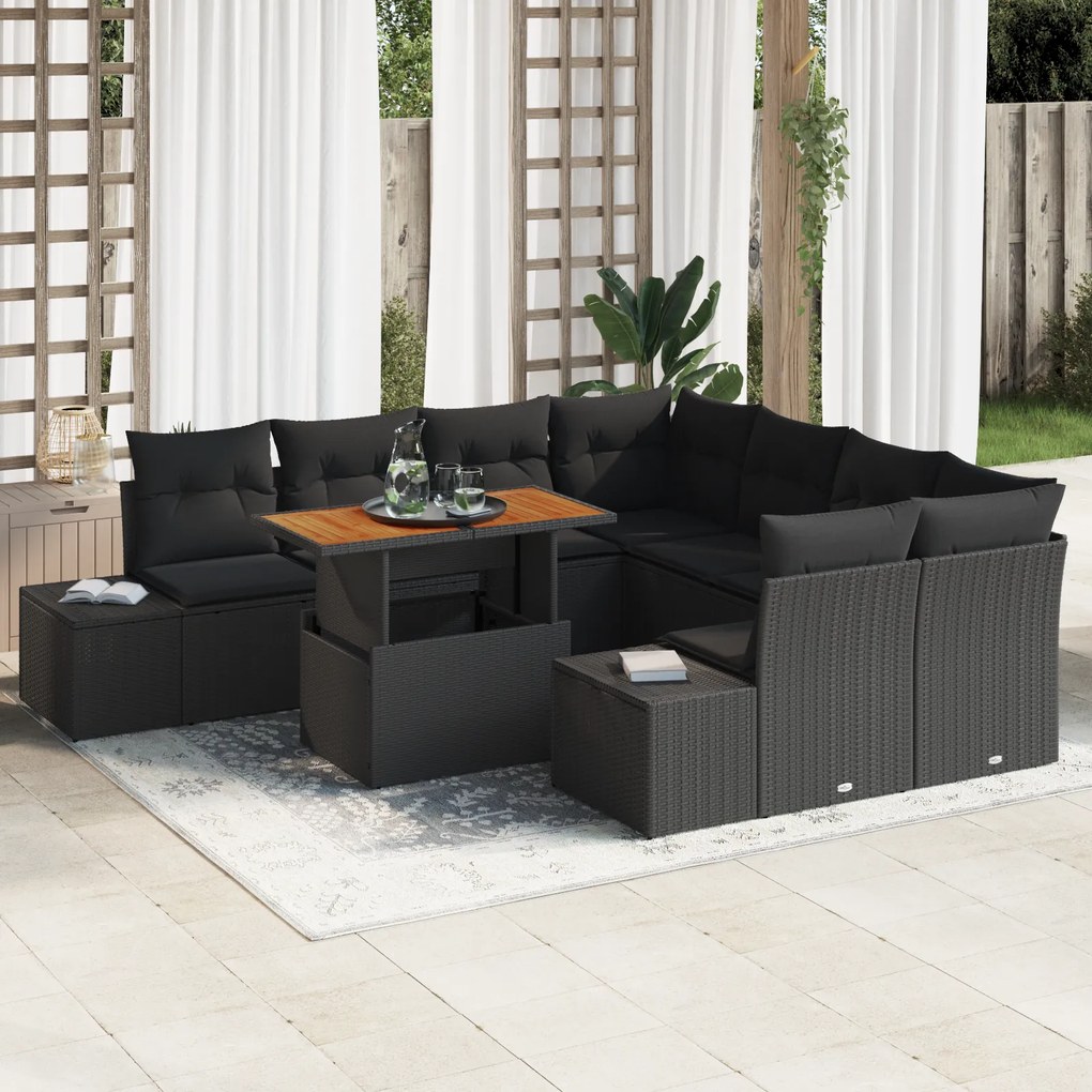 Conjunto de Sofá de Jardim de 9 Peças com Almofadas Preto de Rattan Po