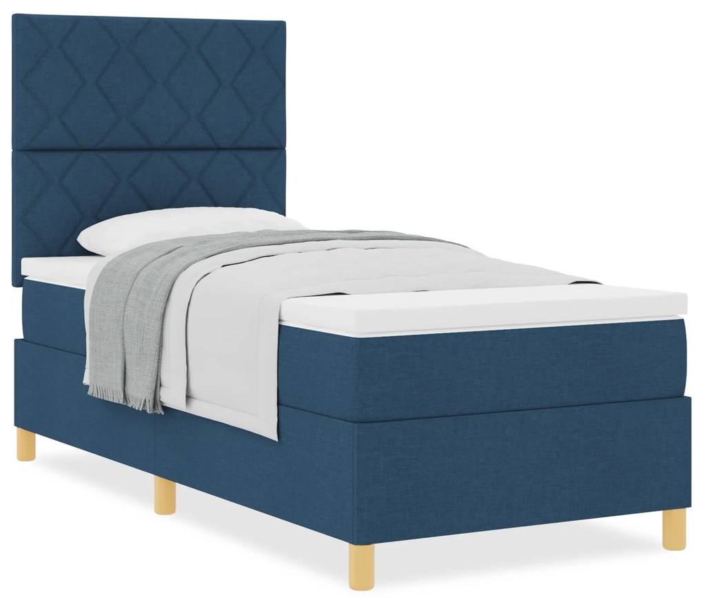 Cama Box Spring com Colchão Azul de Solteiro Tecido