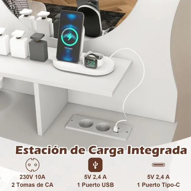 Toucador com espelho e luzes 80 x 50 x 150 cm em forma de gatinho com 3 modos de iluminação e brilho ajustável e 2 gavetas Branca
