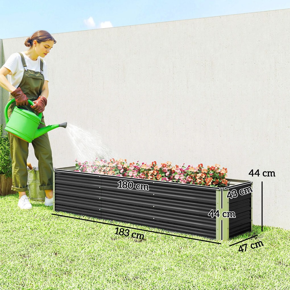 Floreira elevada 183 x 47 x 40 cm em aço com luvas, floreira de jardim para flores, ervas aromáticas e legumes,, cinzento