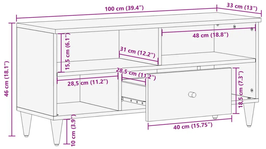 Móvel de TV 100x33x46 cm madeira de mangueira maciça