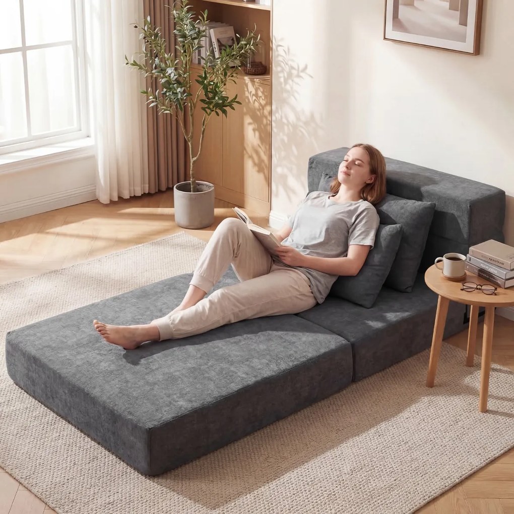 Sofá-cama futon dobrável 3 em 1 com 2 almofadas, em tecido de chenille , para sala, quarto ou escritório cinza
