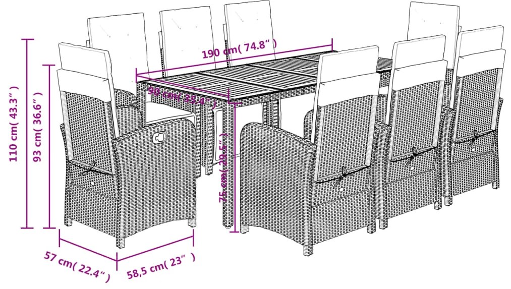9 pcs conjunto de jantar p/ jardim c/ almofadões vime PE preto