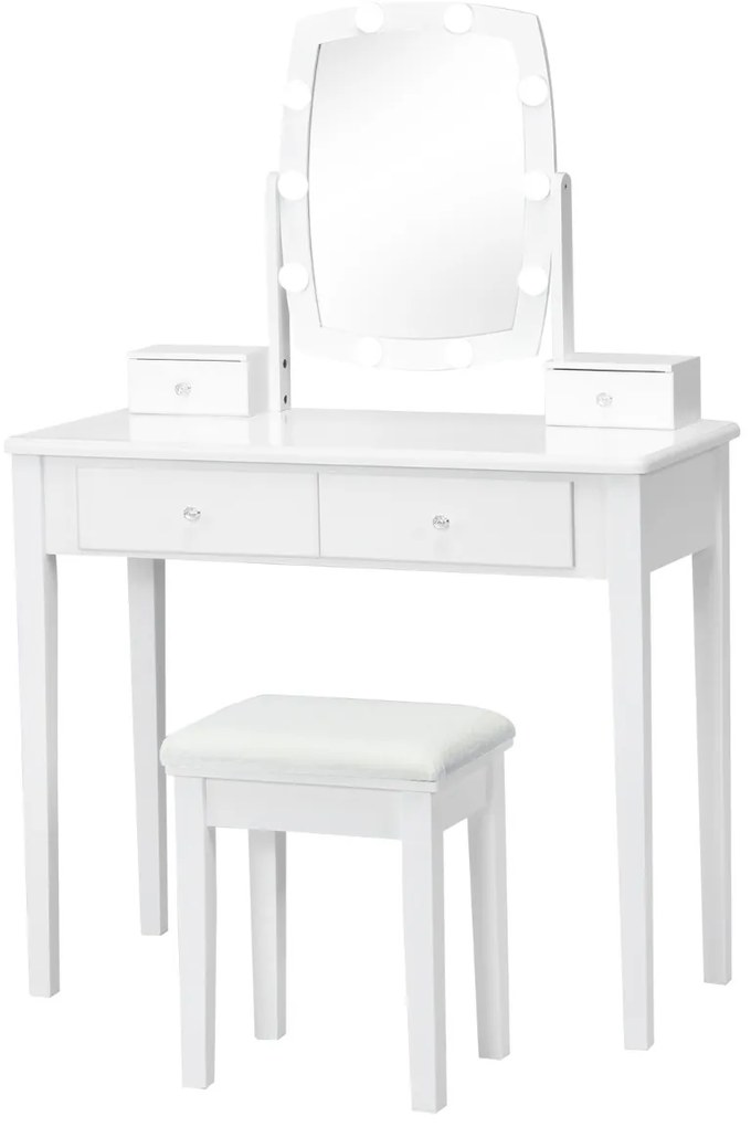 Conjunto de Toucador com Espelho Iluminado Giratório 360°, Mesa de Maquilhagem e Banco Acolchoado para Quarto Branco