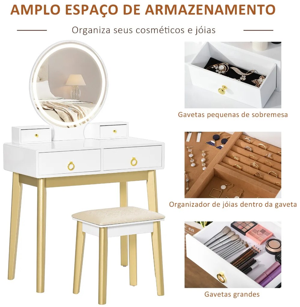 Toucador com Espelho com Luz LED e Banco Conjunto de Mesa de Maquilhagem com 4 Gavetas de Armazenamento para Dormitório 80x40x133cm Branco