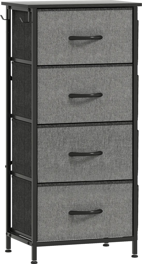 HOMCOM Cômoda 4 gavetas em tecido, móvel de arrumação com 4 bolsos, 2 ganchos, estrutura em aço, 45 x 30 x 94,5 cm, cinza | Aosom Portugal