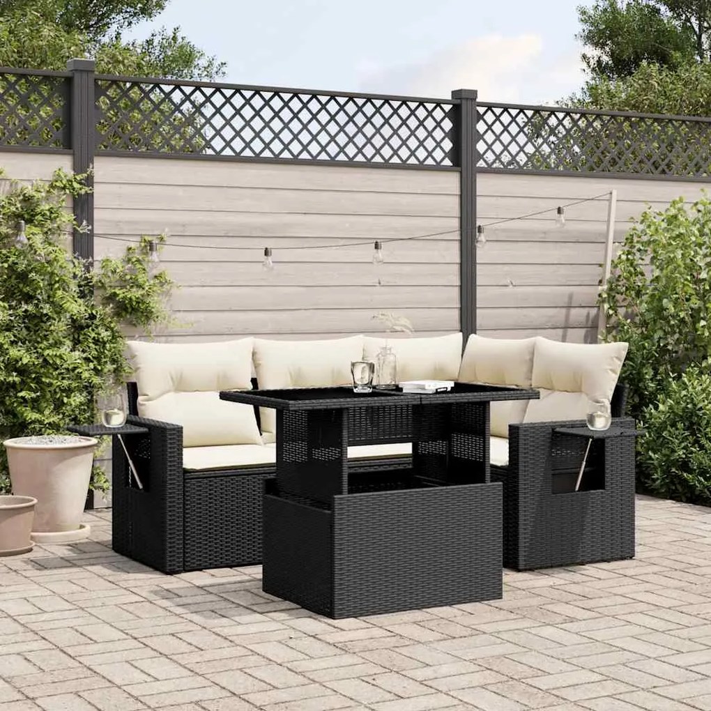 5 pcs conjunto sofás de jardim com almofadões vime PE preto