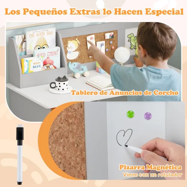 Conjunto de Secretaria e cadeira para crianças com quadro negro, marcador, prateleira e armário de armazenamento Cinzenta